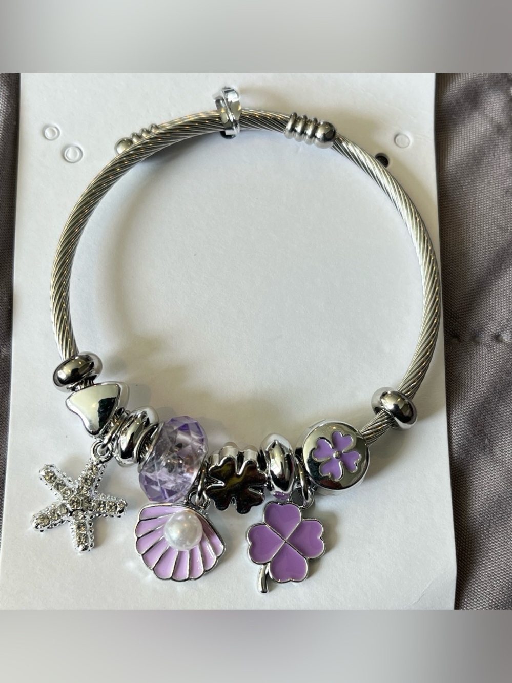 Silver-Tone Charm Bracelet with Purple Enamel Clover & Shell Accents